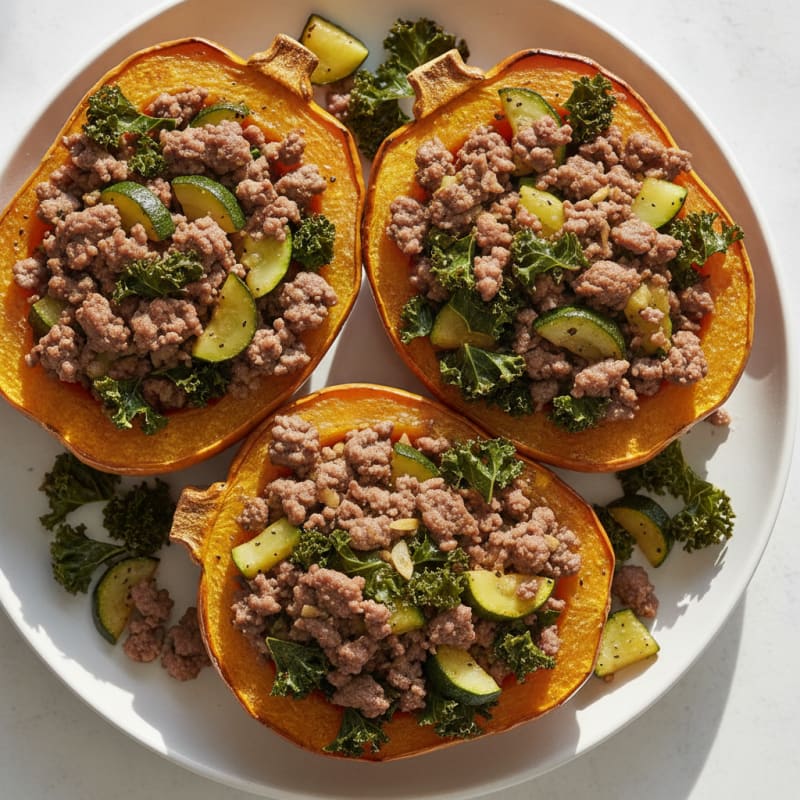 Roasted Acorn Squash with Ground Beef and Kale