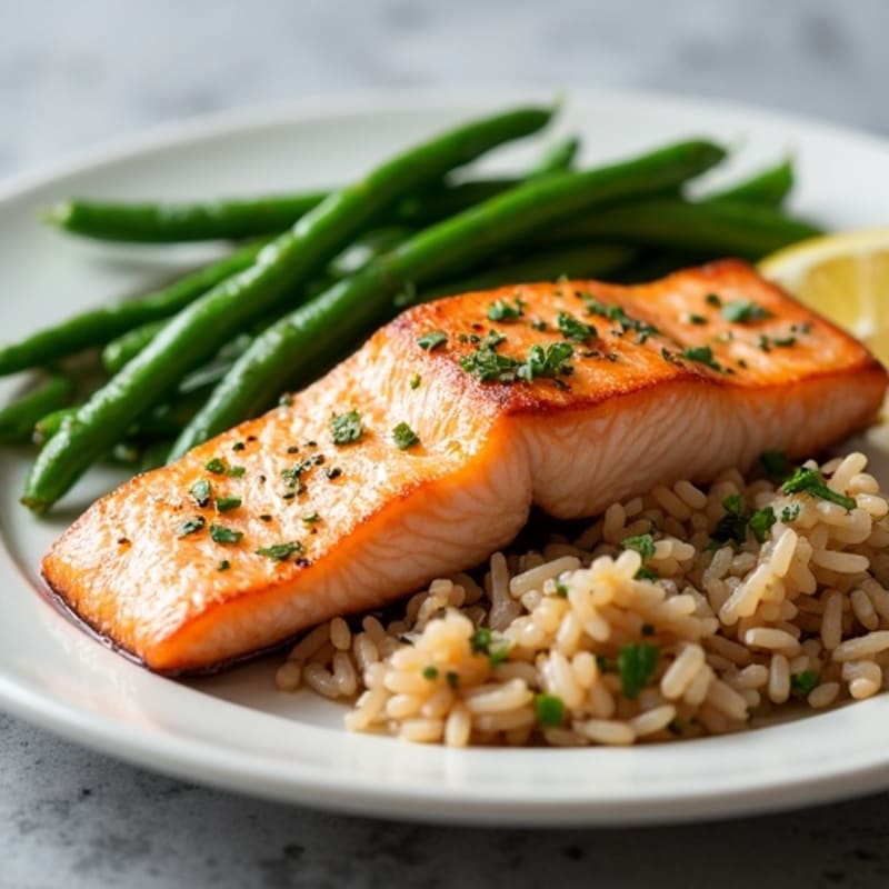 Seared Salmon with Garlic Green Beans and Brown Rice