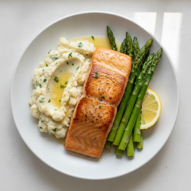 Seared Salmon with Steamed Asparagus and Mashed Cauliflower