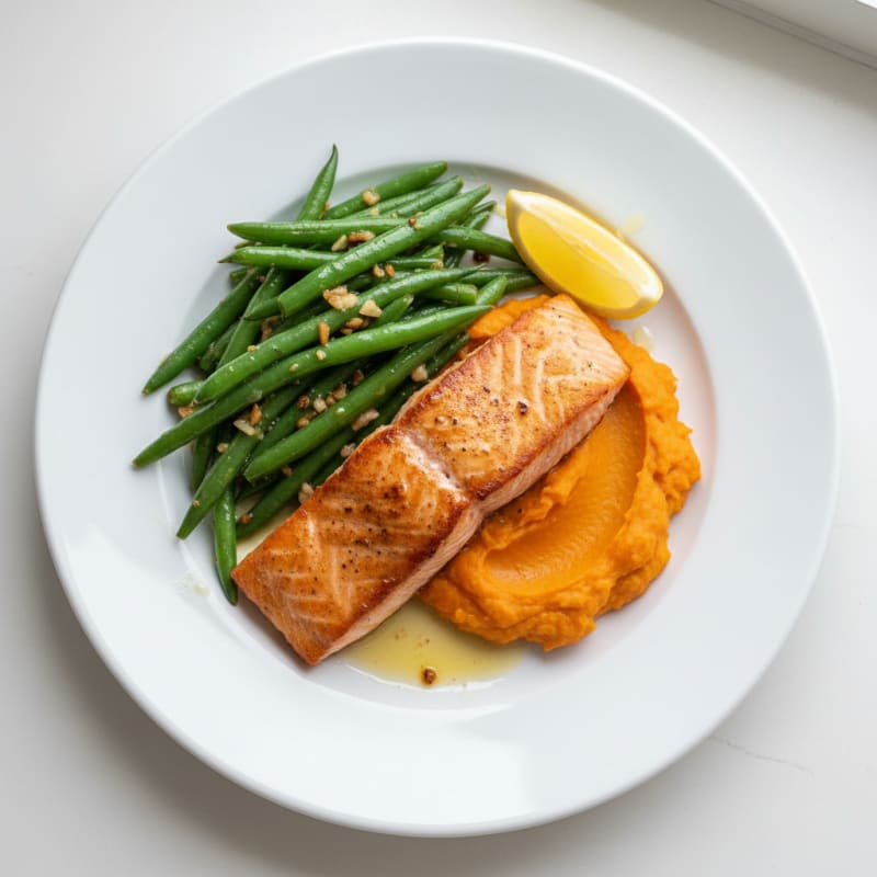 Seared Salmon with Garlic Green Beans and Sweet Potato Mash