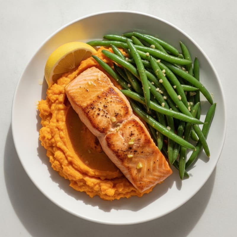 Seared Salmon with Garlic Green Beans and Sweet Potato Mash