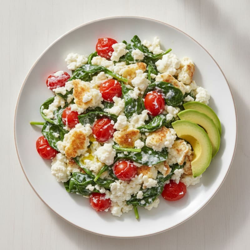 Egg White and Spinach Scramble with Cottage Cheese and Cherry Tomatoes