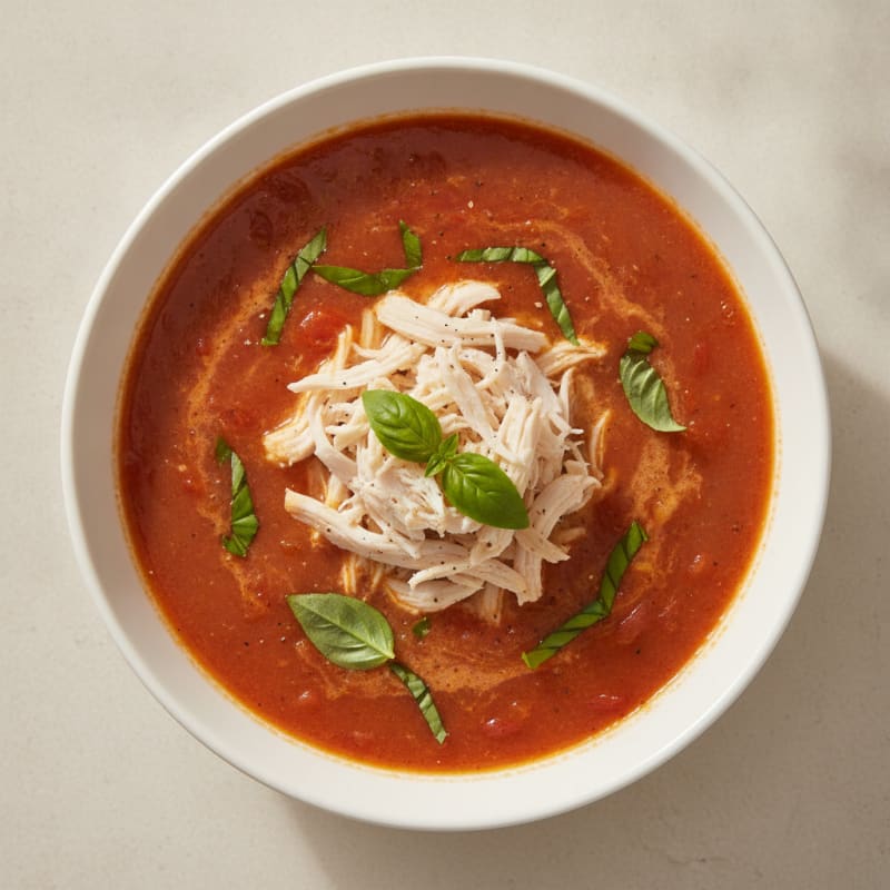 Roasted Tomato Basil Soup with Shredded Chicken