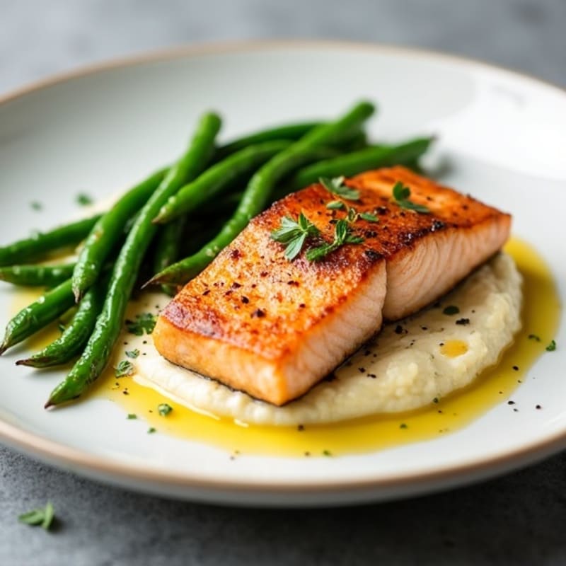 Seared Salmon with Steamed Green Beans and Cauliflower Mash