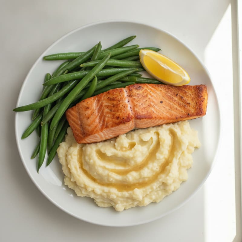 Seared Salmon with Steamed Green Beans and Garlic Mashed Cauliflower