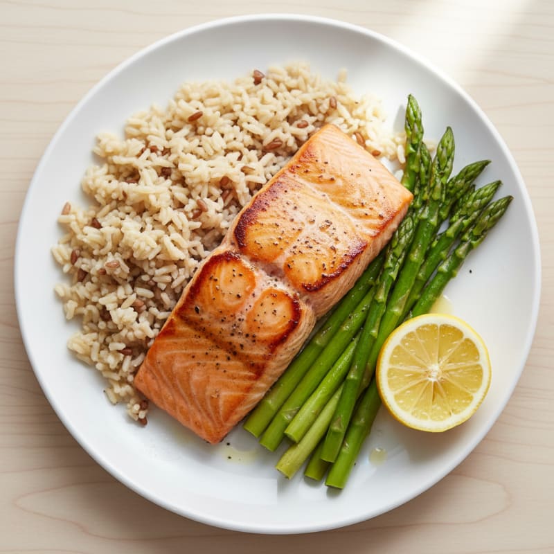 Seared Salmon Fillet with Steamed Asparagus and Brown Rice