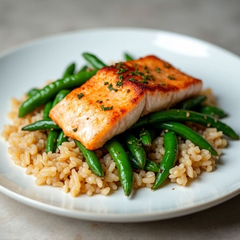 Seared Salmon with Garlic Green Beans and Brown Rice