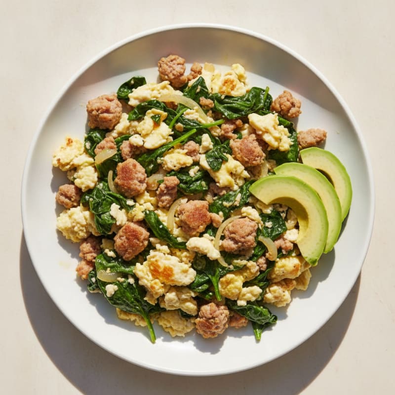 Egg White and Turkey Sausage Scramble with Sautéed Spinach