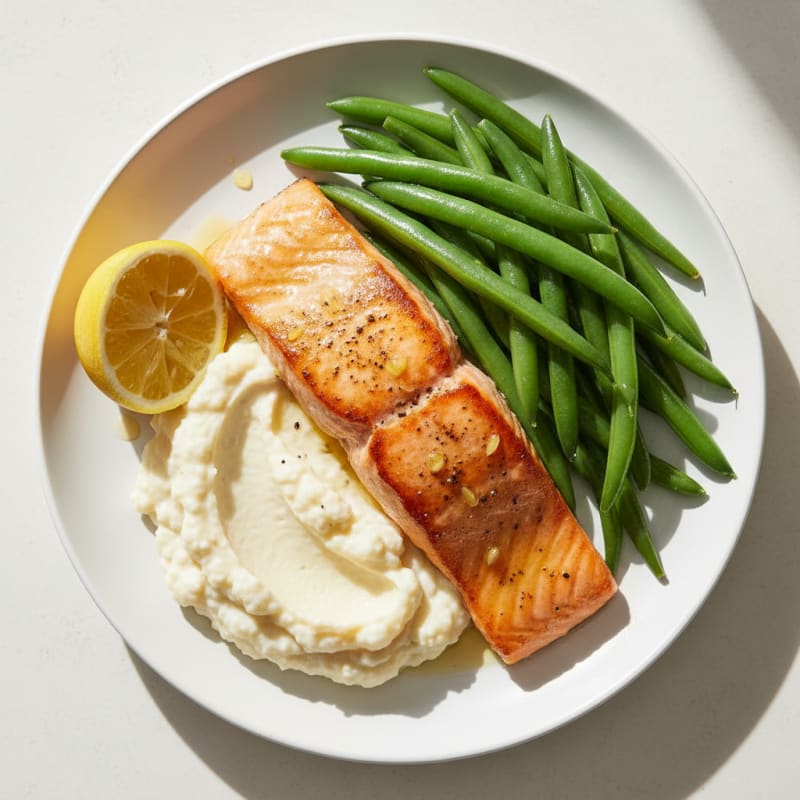 Seared Salmon with Steamed Green Beans and Cauliflower Mash