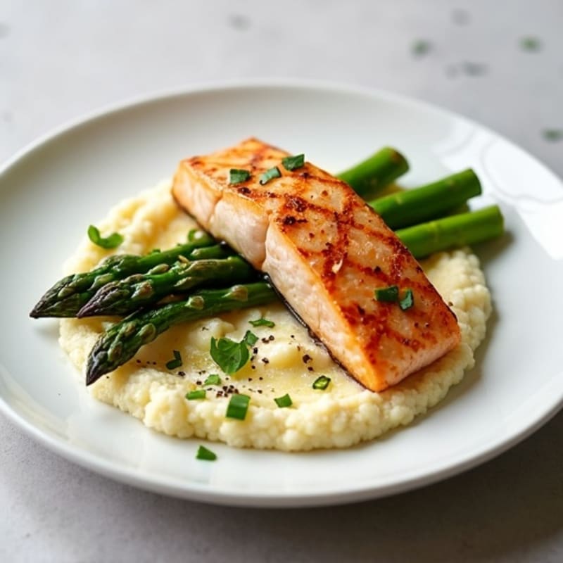 Seared Salmon with Roasted Asparagus and Cauliflower Mash