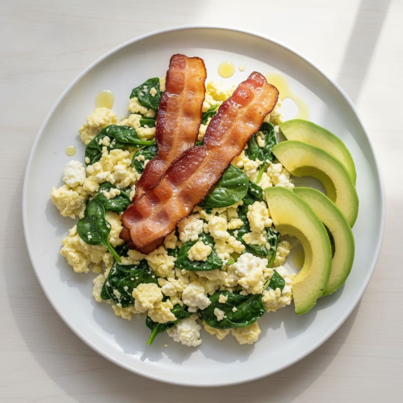 Cottage Cheese Egg Scramble with Spinach and Turkey Bacon