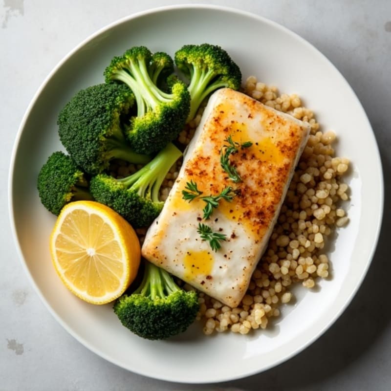Seared White Fish with Roasted Broccoli and Quinoa