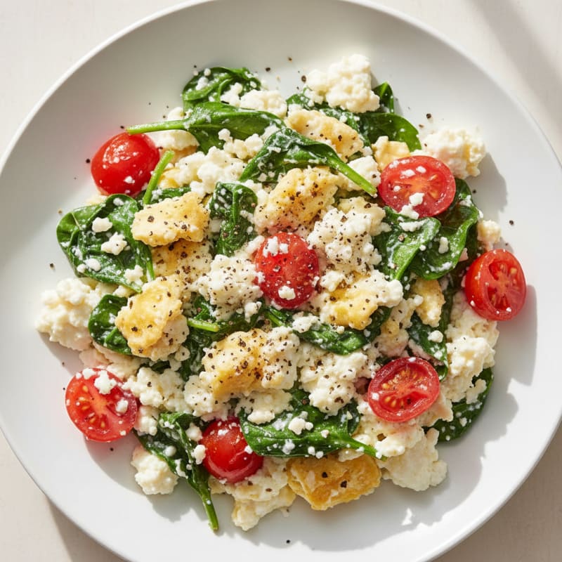 Cottage Cheese Egg White Scramble with Spinach and Cherry Tomatoes