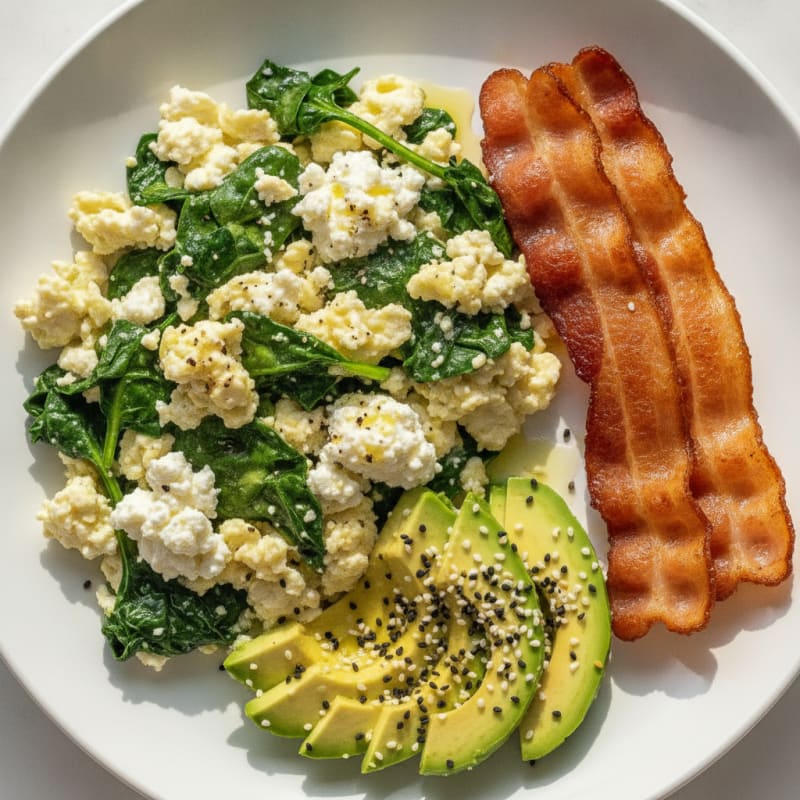 Egg White Spinach Scramble with Cottage Cheese and Turkey Bacon