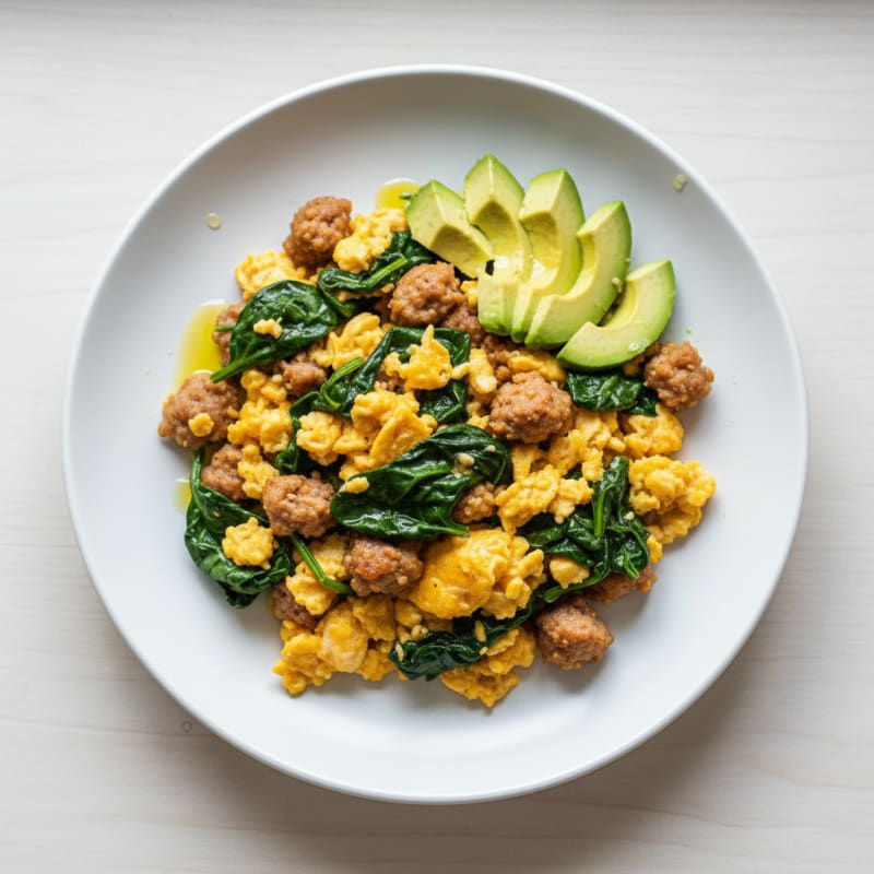 Scrambled Eggs with Turkey Sausage and Sautéed Spinach