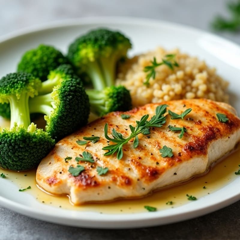 Lemon-Garlic Pan Seared Chicken with Fresh Herbs and Quinoa Broccoli Medley