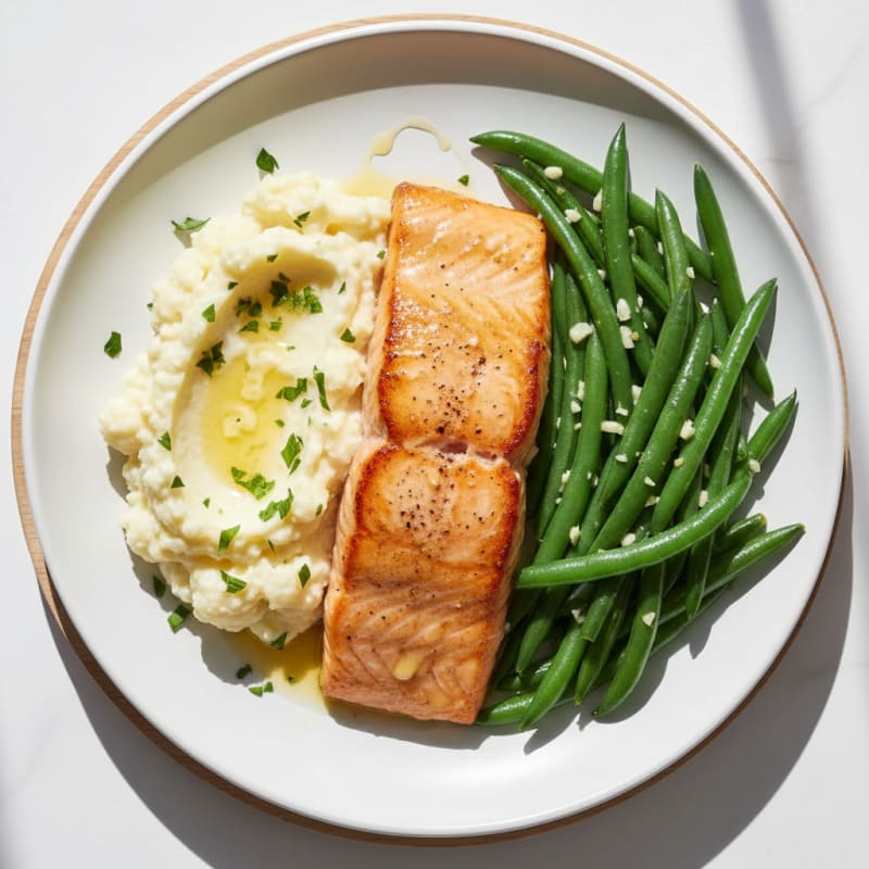 Seared Salmon Fillet with Steamed Green Beans and Garlic Mashed Cauliflower