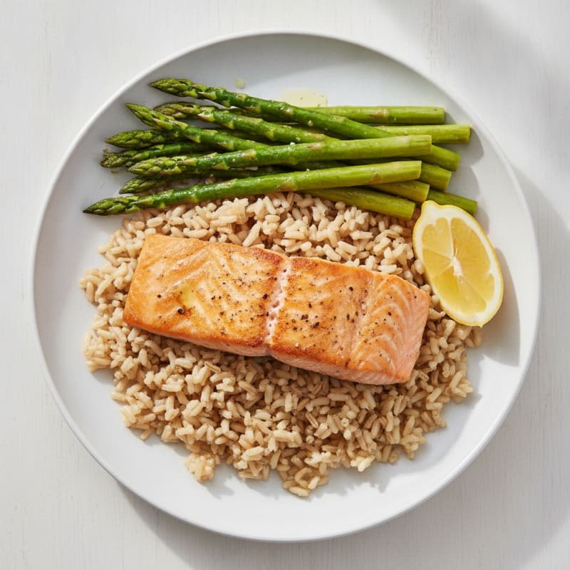 Seared Salmon with Steamed Asparagus and Brown Rice