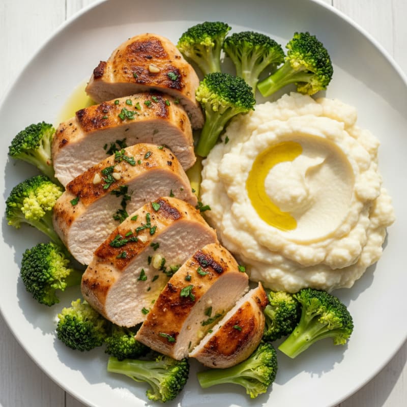Seared Turkey Breast with Steamed Broccoli and Cauliflower Mash