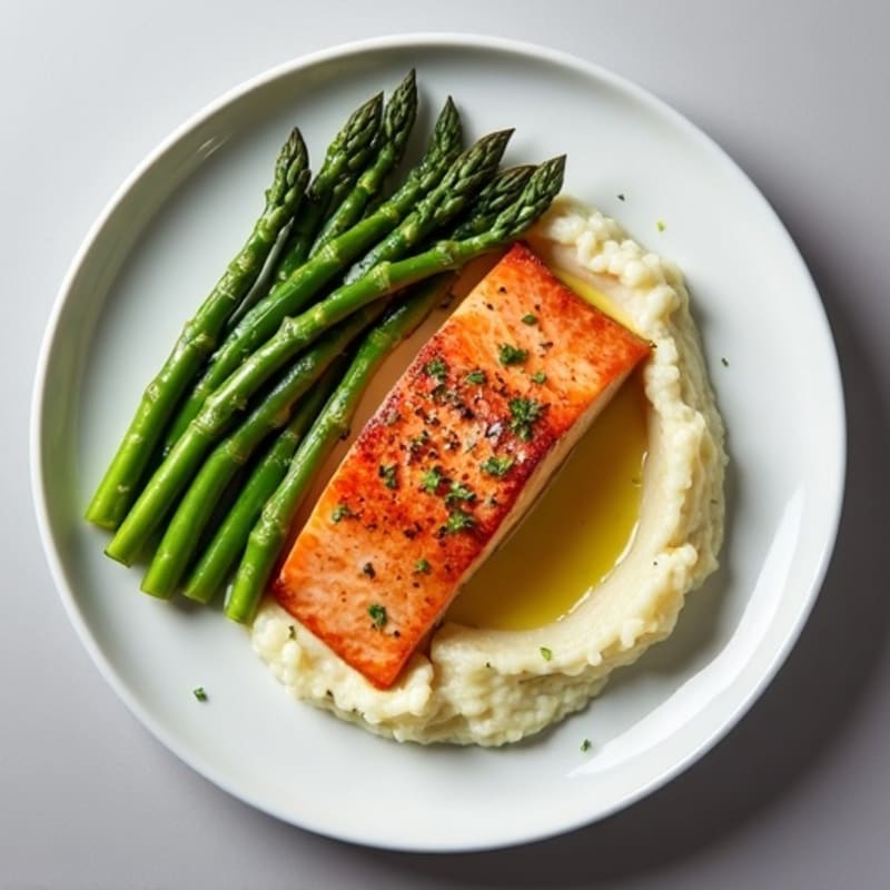 Seared Salmon with Steamed Asparagus and Cauliflower Mash