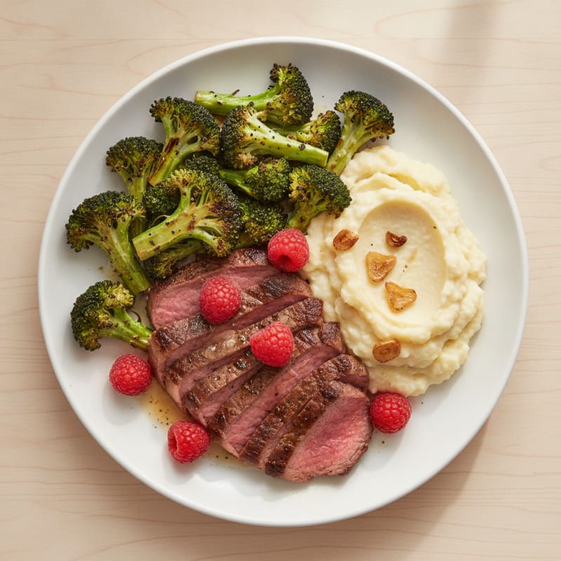 Seared Lean Beef with Roasted Broccoli and Garlic Mashed Cauliflower