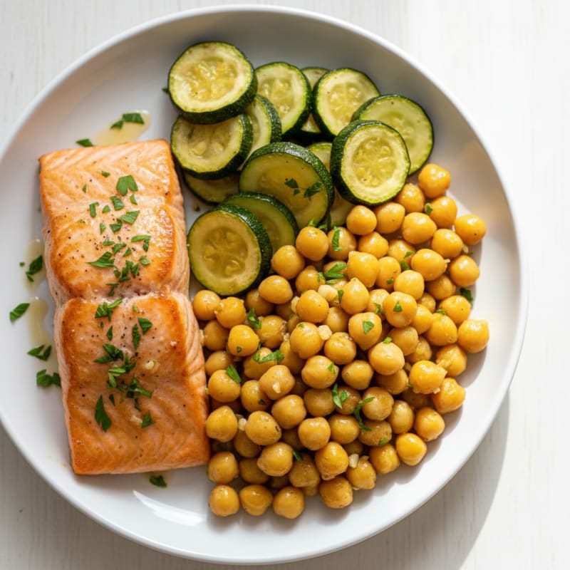 Seared Salmon with Roasted Zucchini and Lemon Herb Chickpeas