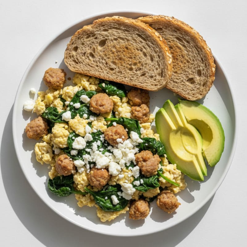 Egg White and Turkey Sausage Scramble with Spinach and Feta
