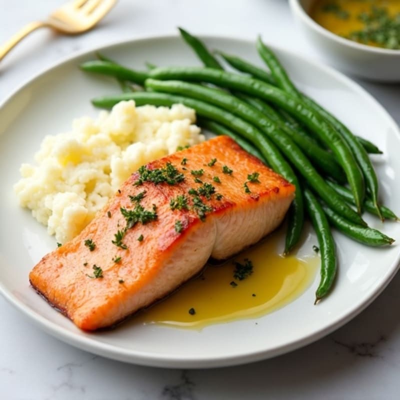 Baked Salmon with Garlic Green Beans and Mashed Cauliflower