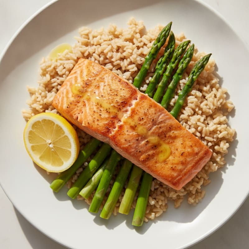 Seared Salmon with Steamed Asparagus and Brown Rice