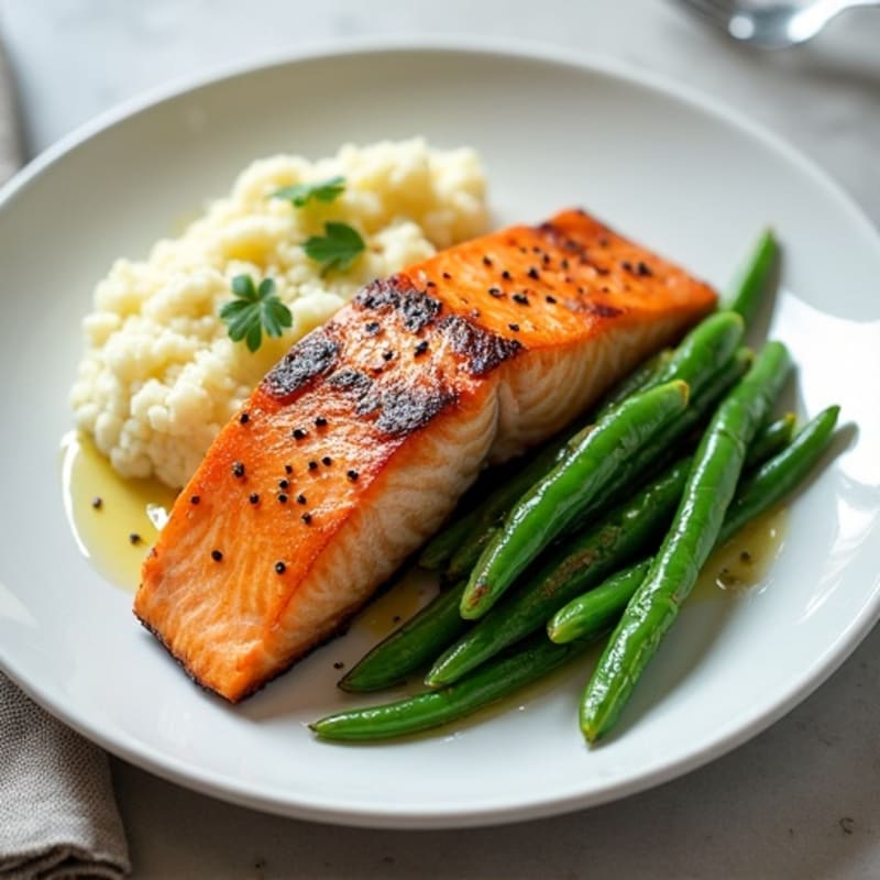 Seared Salmon with Garlic Green Beans and Cauliflower Mash