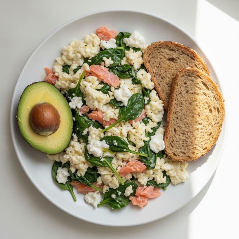 Smoked Salmon and Egg White Scramble with Sautéed Spinach