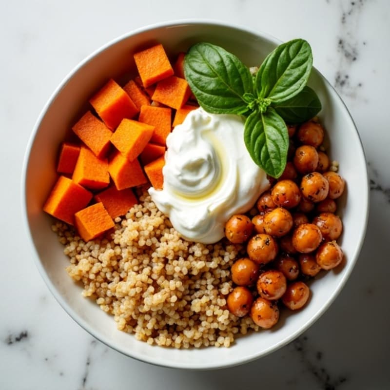 Roasted Sweet Potato Quinoa Bowl with Crispy Chickpeas