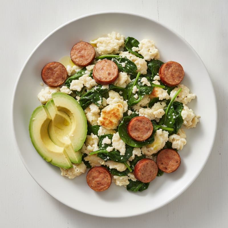 Egg White Scramble with Turkey Sausage and Sautéed Spinach