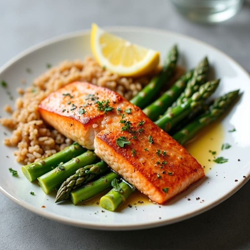 Seared Salmon with Steamed Asparagus and Brown Rice