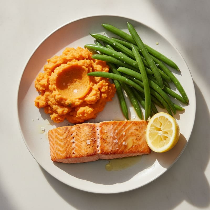 Seared Salmon with Steamed Green Beans and Sweet Potato Mash
