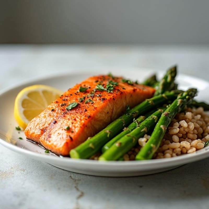 Seared Salmon with Steamed Asparagus and Brown Rice