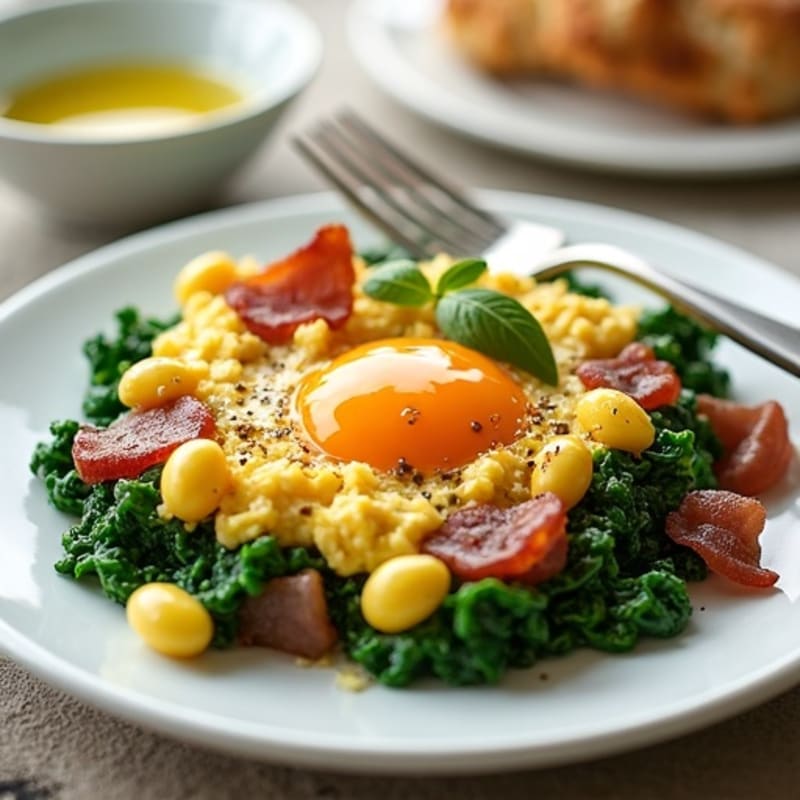 Cottage Cheese Egg Scramble with Sautéed Spinach and Turkey Bacon