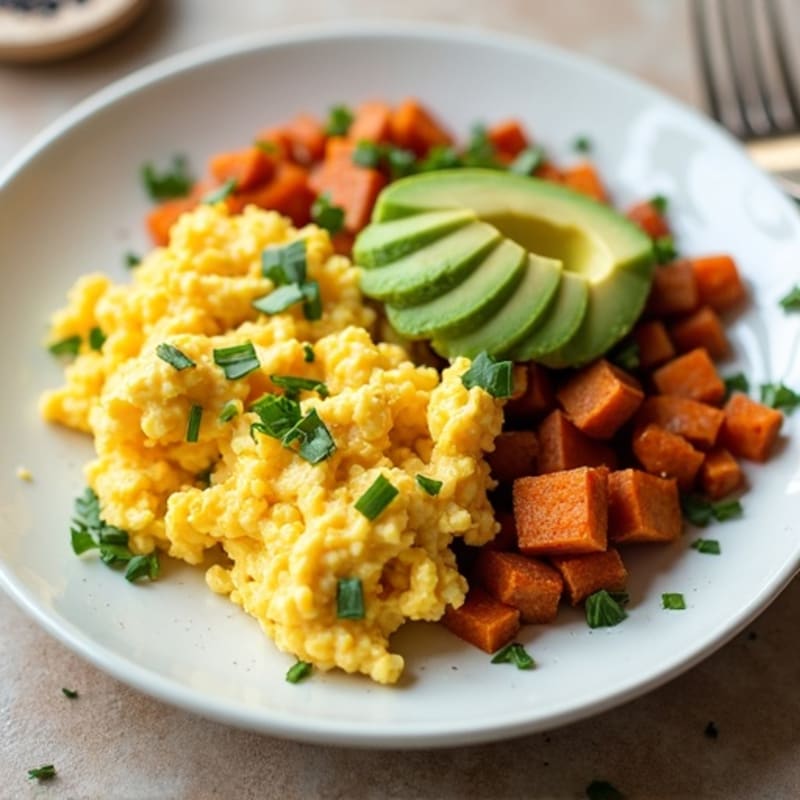 Herb-Scrambled Eggs with Roasted Sweet Potato Hash and Creamy Avocado