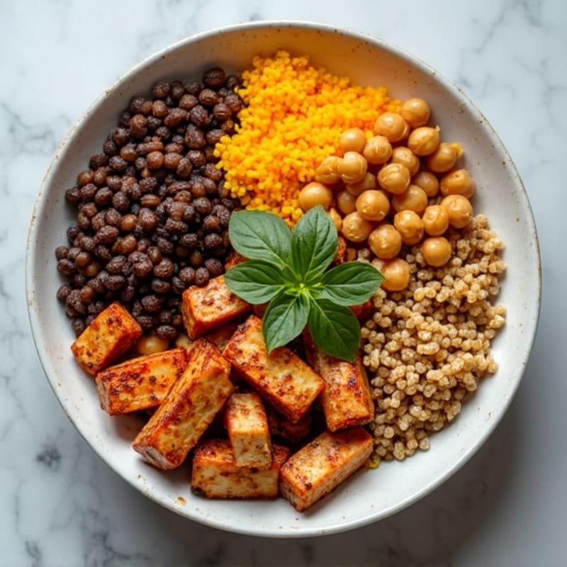 Lentil and Tempeh Power Bowl with Quinoa and Roasted Chickpeas