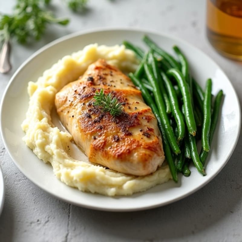 Roasted Chicken with Creamy Garlic Mashed Potatoes and Roasted Green Beans