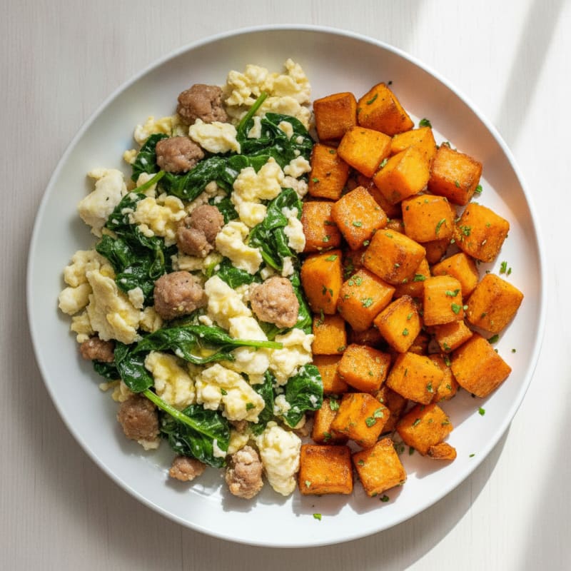 Egg White and Turkey Sausage Scramble with Spinach and Roasted Sweet Potatoes