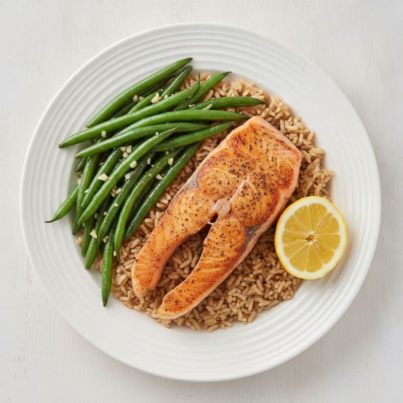 Seared Salmon Fillet with Garlic Green Beans and Brown Rice