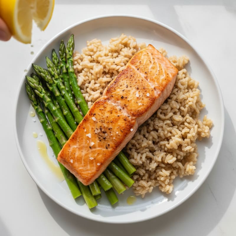 Seared Salmon Fillet with Steamed Asparagus and Brown Rice