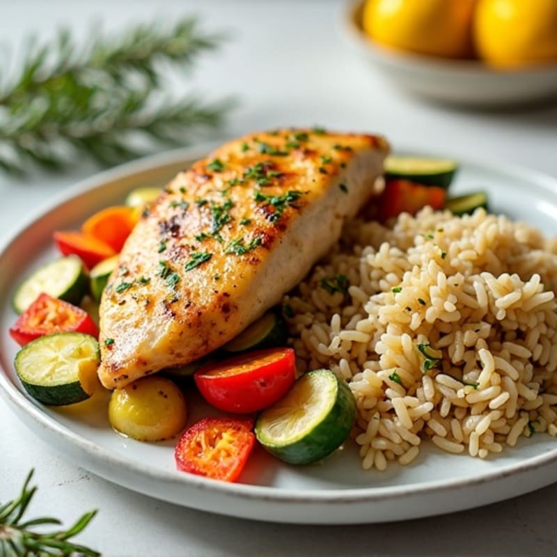 Sheet Pan Lemon Herb Chicken with Roasted Vegetables and Fluffy Brown Rice