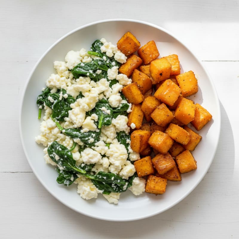 Cottage Cheese Egg White Scramble with Spinach and Roasted Sweet Potato