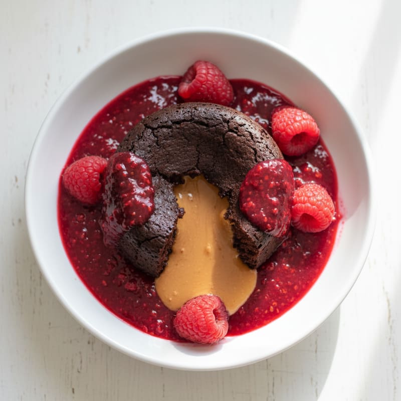 High-Protein Chocolate Lava Cake with Raspberry Coulis