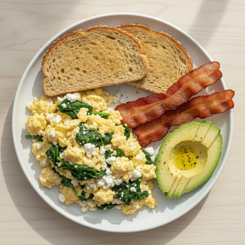 Cottage Cheese Egg Scramble with Spinach and Turkey Bacon