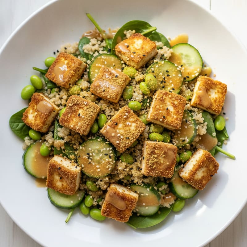 Crispy Tofu and Quinoa Power Salad with Edamame