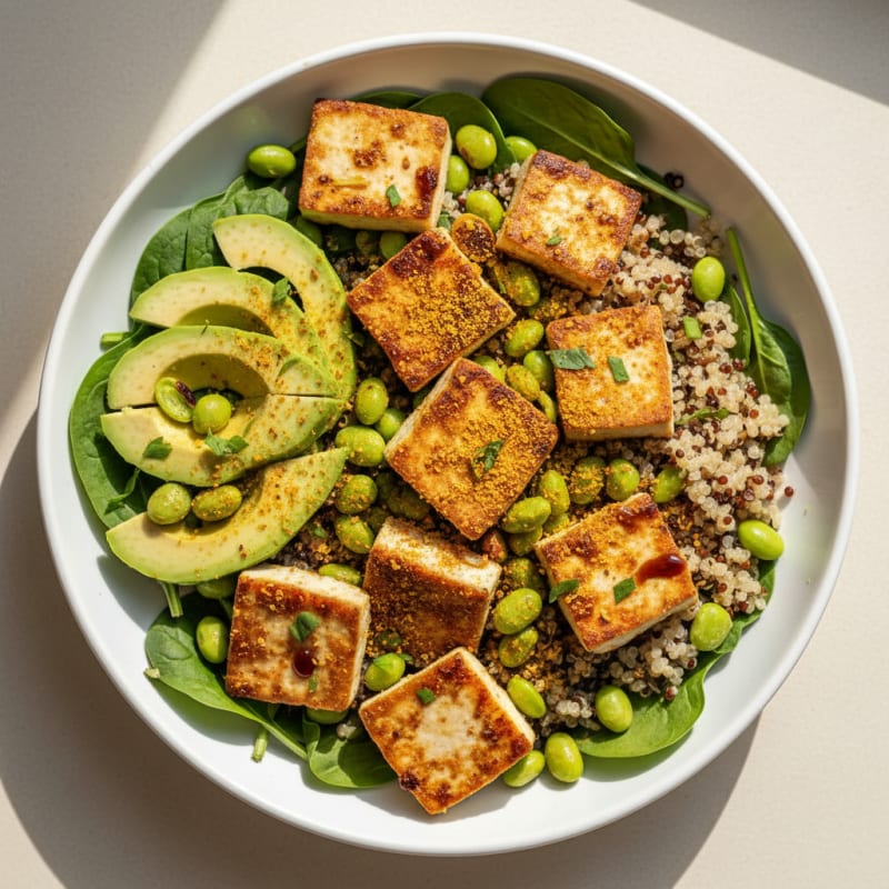 Seared Tofu and Quinoa Bowl with Crunchy Edamame and Avocado