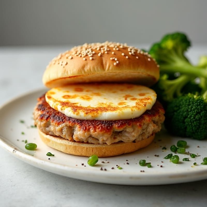 Crispy Mozzarella Turkey Burger with Roasted Broccoli